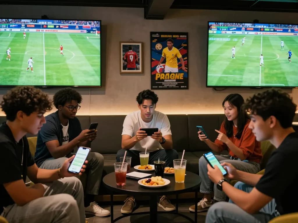Exciting scene of friends engaging in trang cá độ bóng đá while watching a football match in a lively lounge.