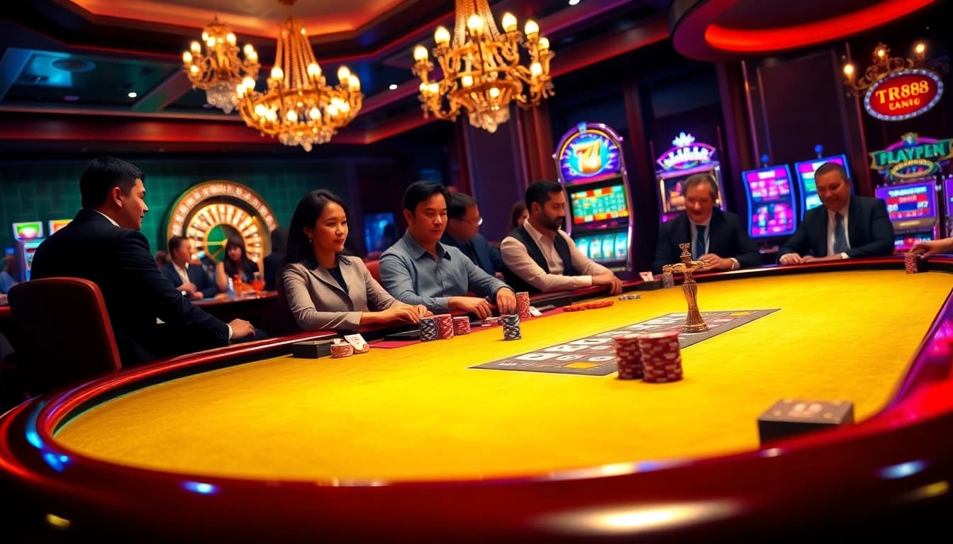 Players strategizing at a luxurious poker table with TR88 chips amidst a vibrant casino ambiance.