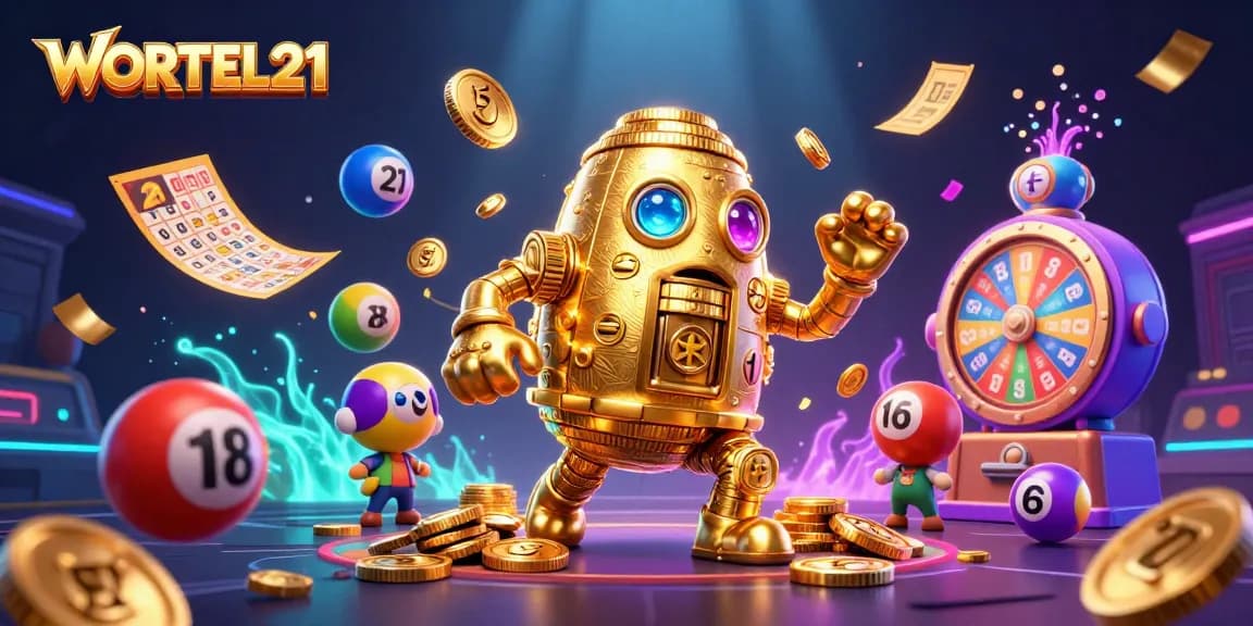 Engage with WORTEL21’s vibrant lottery scene featuring a golden golem and colorful dynamic elements.