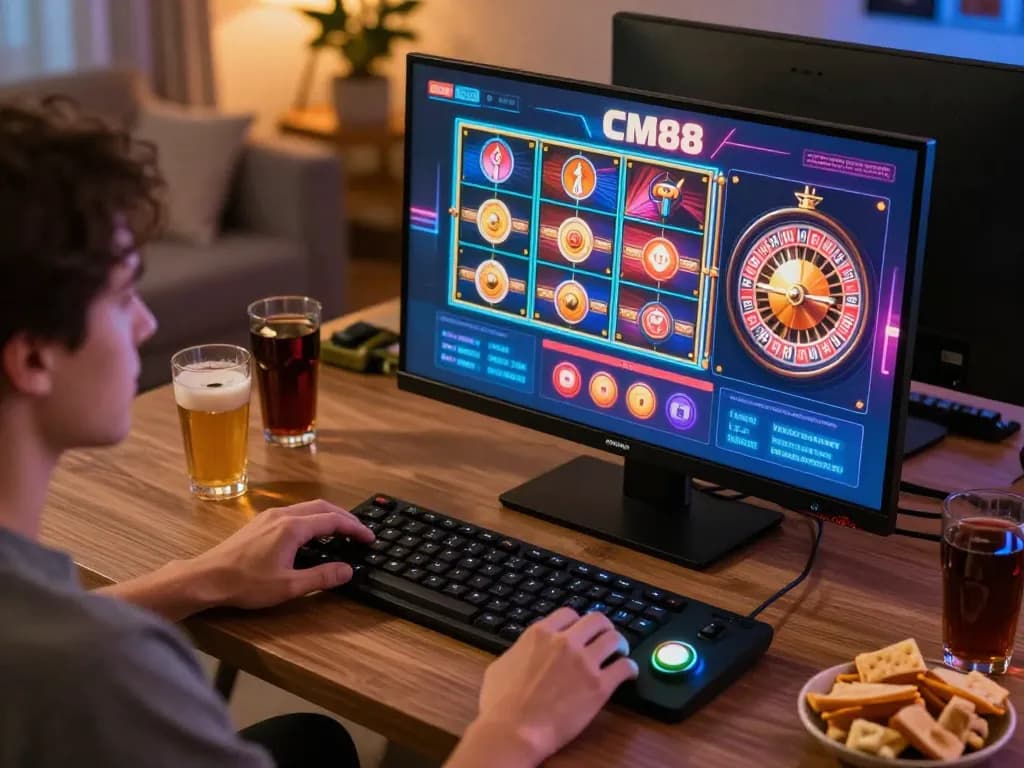 Player enjoying cm88 online casino gaming on a laptop with exciting slot machines and roulette.