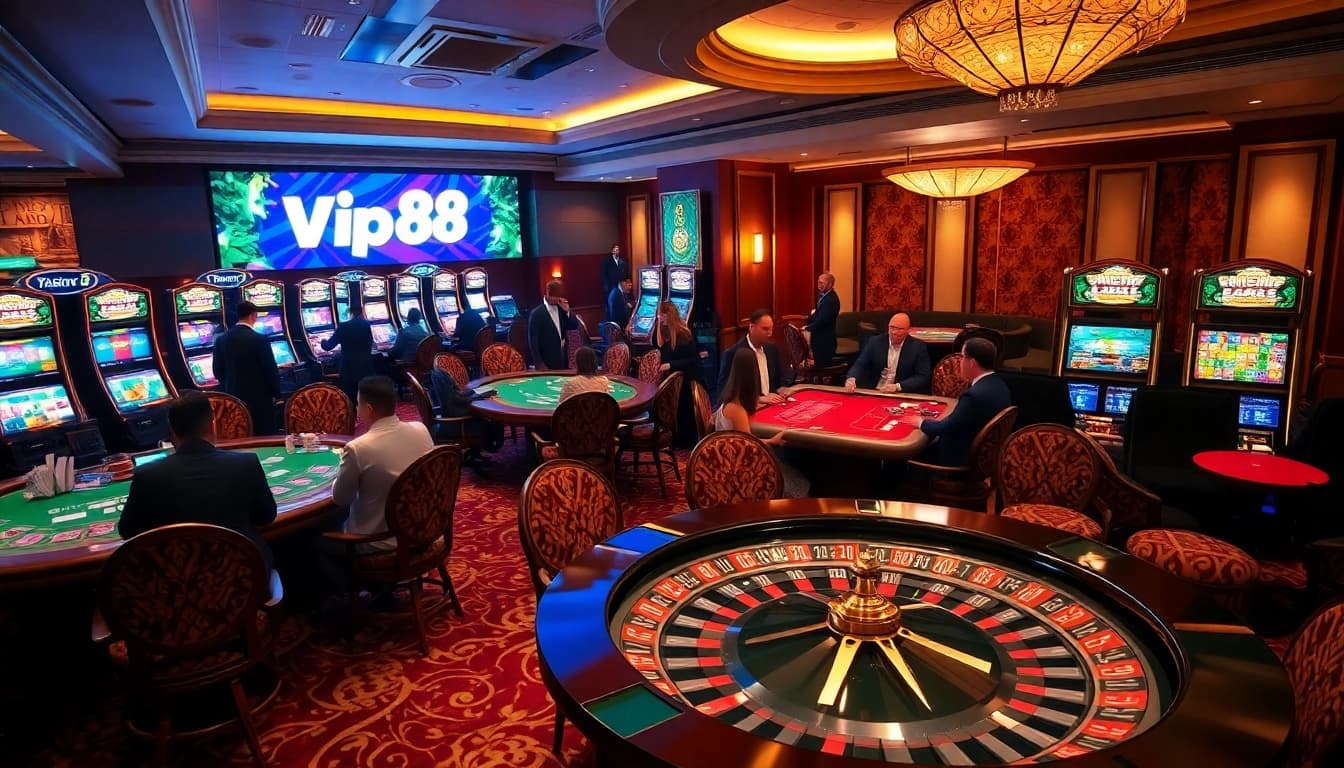 Excited players enjoying games at Vip88 casino with vibrant slot machines and plush tables.