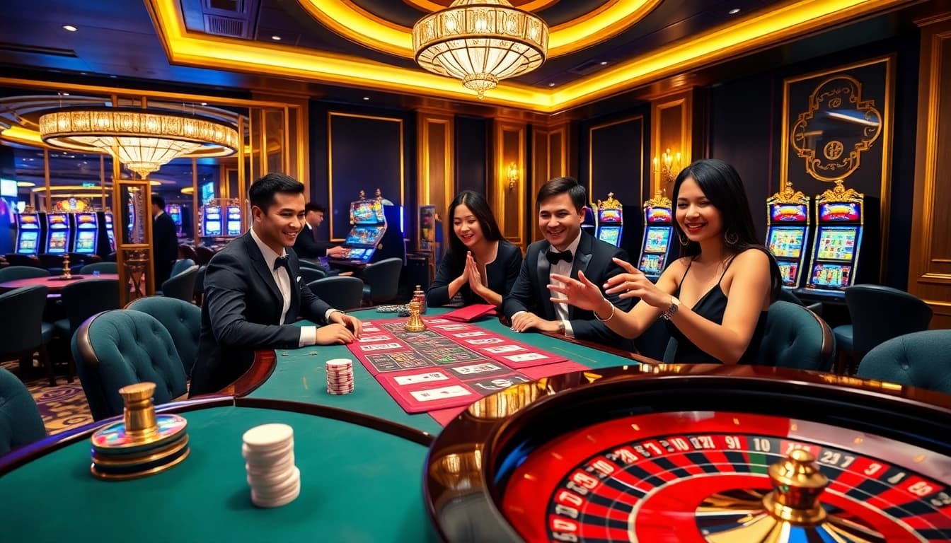 Experience thrilling gambling at GG88 casino with vibrant tables and excited players.
