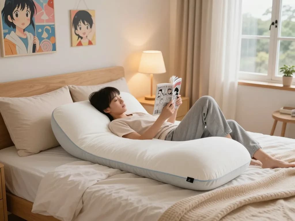 Custom dakimakura body pillow featured in a cozy anime-themed bedroom setting with a reader.