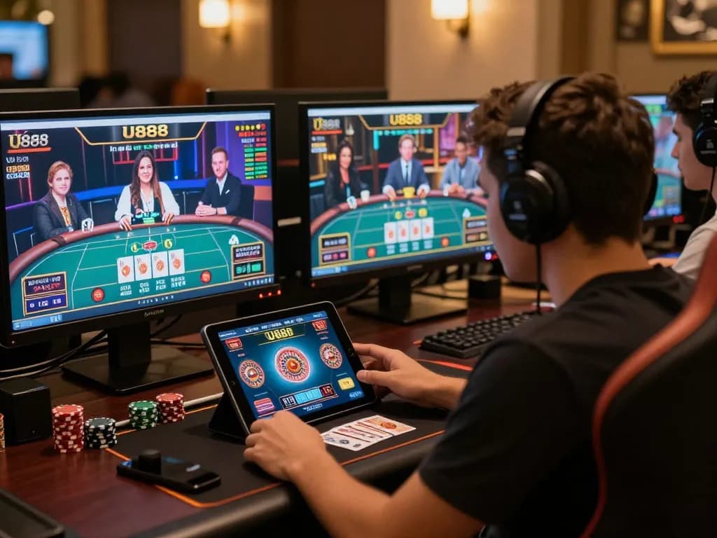 Player engaging with U888 online casino games on multiple screens in a cozy gaming setup.