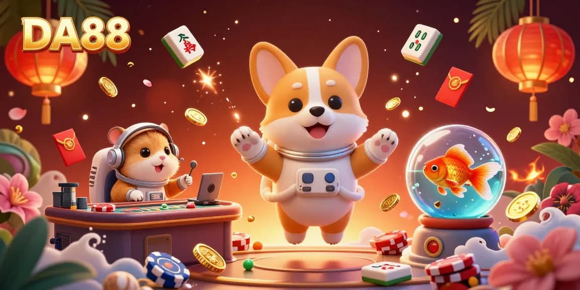 Engage with DA88 at a vibrant space casino featuring 3D characters and floating poker chips.