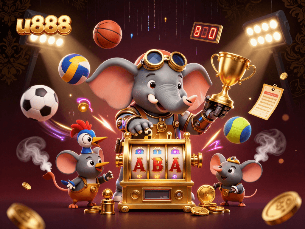 Play thrilling games at u888 with a steampunk elephant, showcasing excitement in a vibrant digital casino.