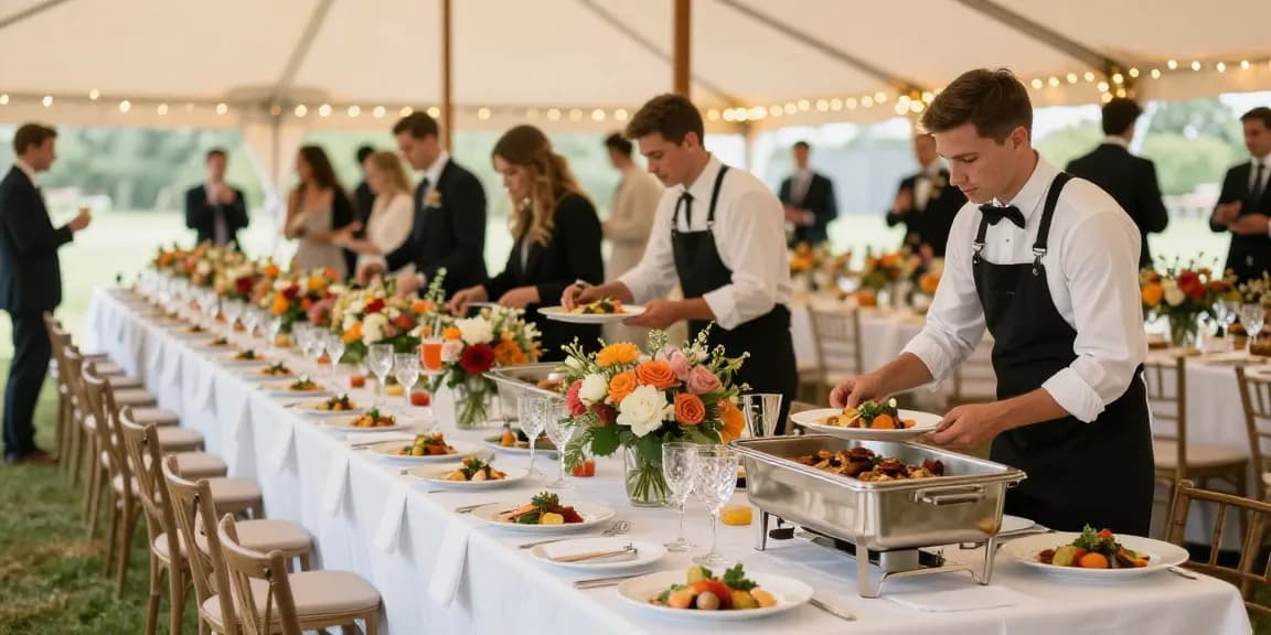 Catering Hire London: Table set for an elegant event with gourmet dishes and beautiful floral arrangements.