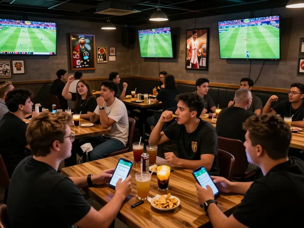 Engaged sports fans placing bets with the Nowgoal app while watching live matches at a bustling sports bar.