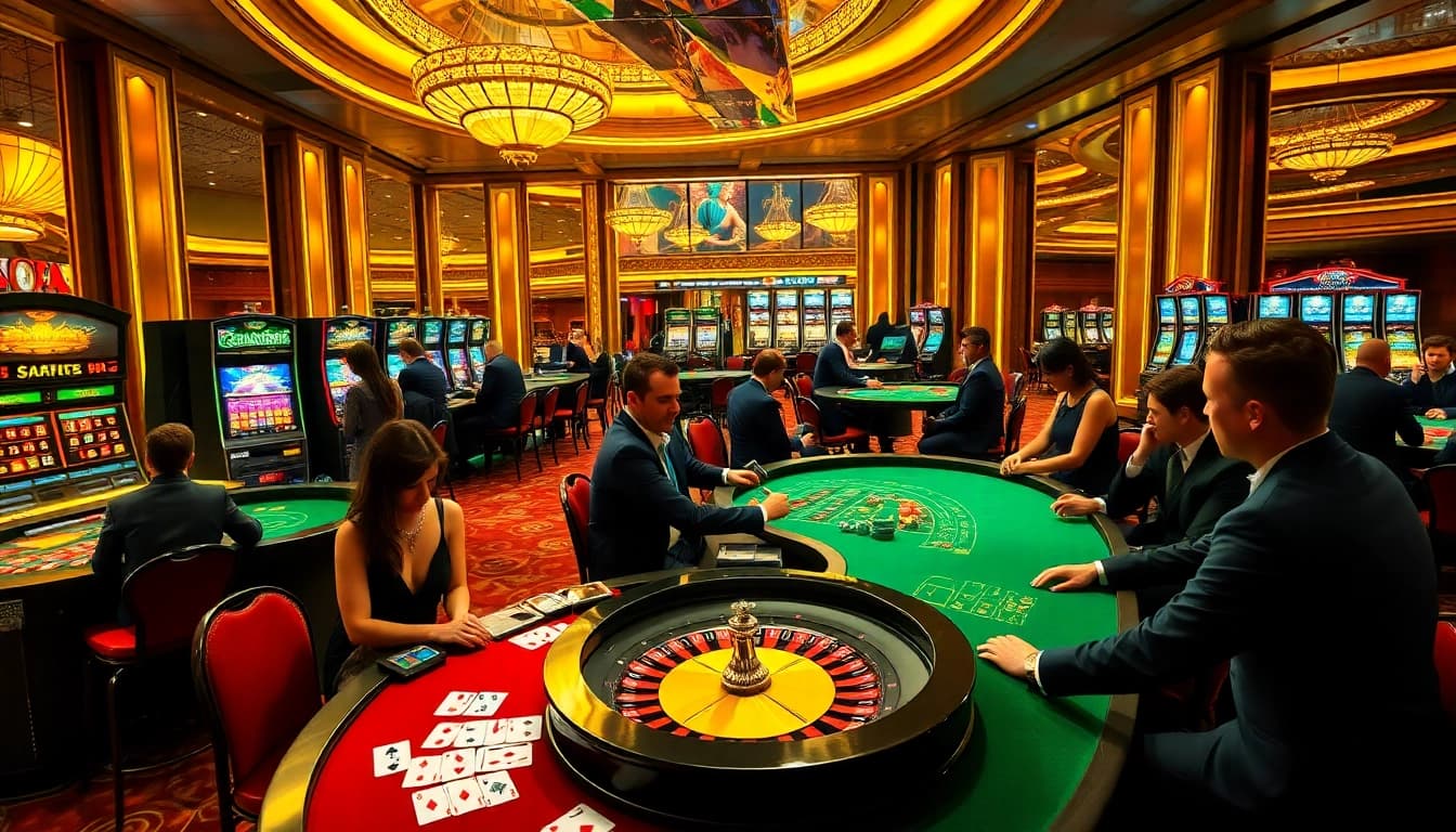 A thrilling SUNCITY casino gaming floor with players at tables and vibrant slot machines.