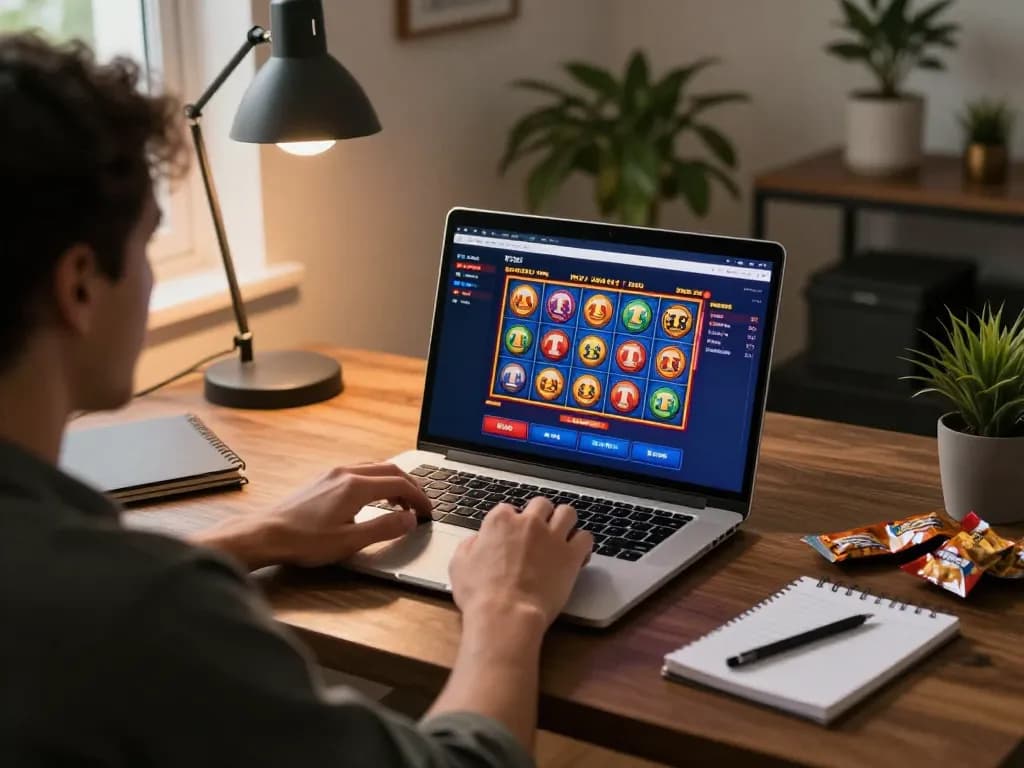 Player engaging with TR88 casino on laptop at home, showing strategy planning and online gaming.