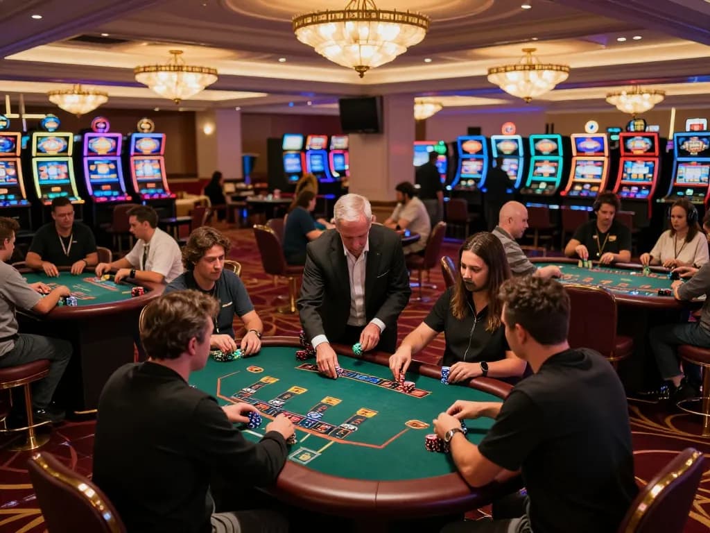 A dynamic scene at 789wincom casino showcasing players engaged in blackjack, highlighting an upscale gaming atmosphere with vibrant lighting and professional dealers.