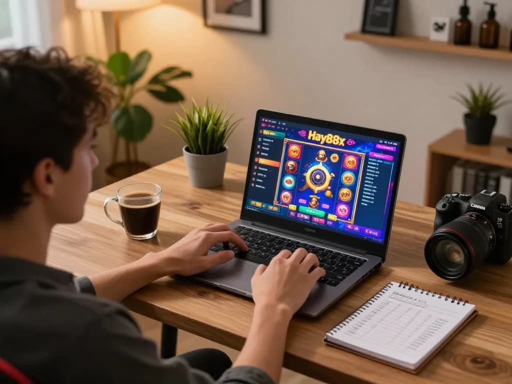 Person engaging with Hay88x in a cozy home office, strategizing online gaming.