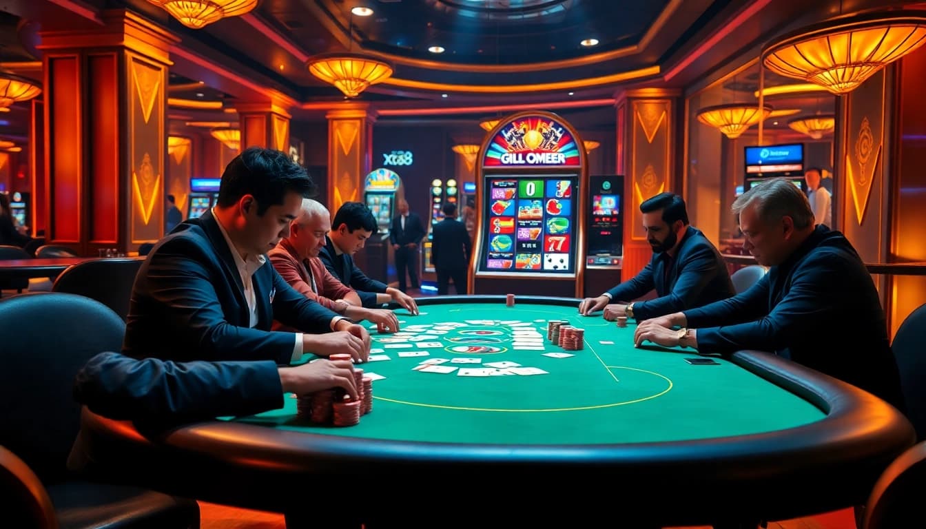 Experience high-stakes poker action at https://x88.law/ with vibrant chips and a luxurious casino setting.
