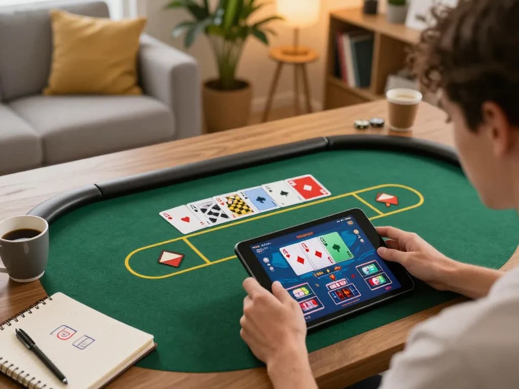 Person enjoying poker gameplay at home on 789club app while analyzing betting strategies.