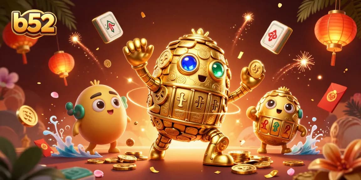 B52 gamblers spin and win with a colorful 3D golden golem and festive casino elements.