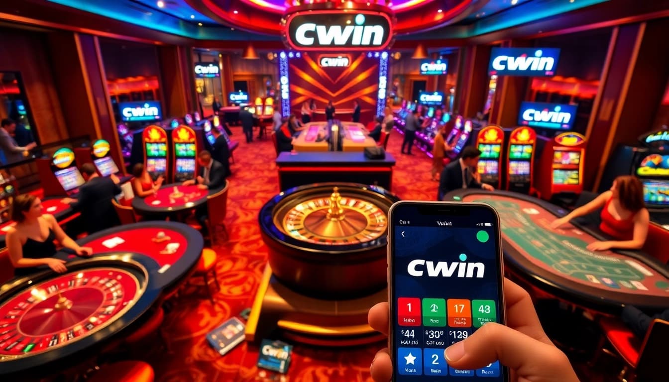 Cwin casino players engaging in exciting games at roulette and blackjack tables, showcasing vibrant atmosphere.