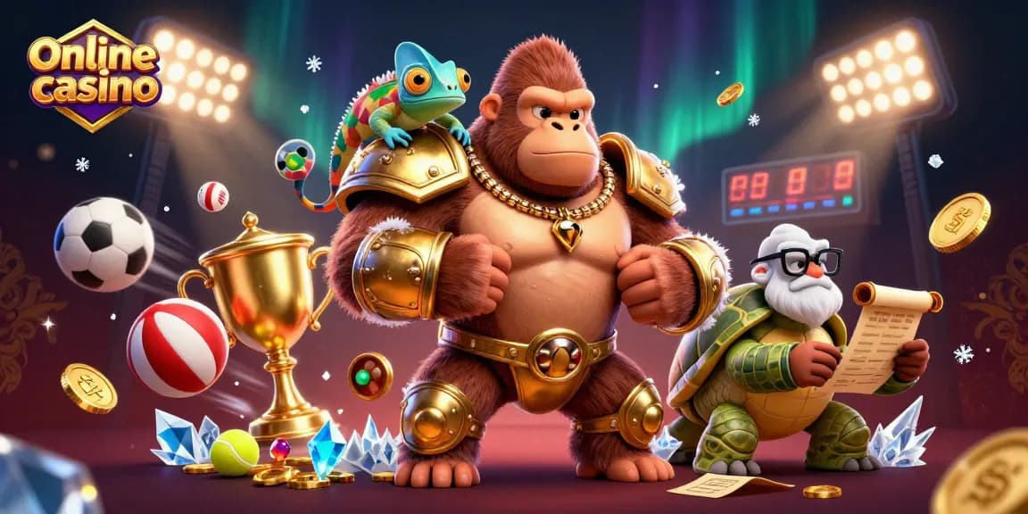 Experience an online casino adventure with a 3D gorilla king, chameleon spy, and tortoise elder.