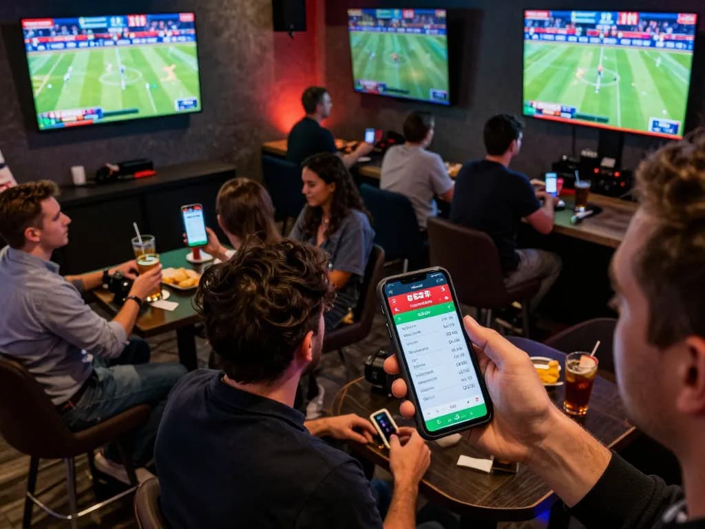Engaged sports bettors checking odds on their devices at 888NEW sports lounge during live games.