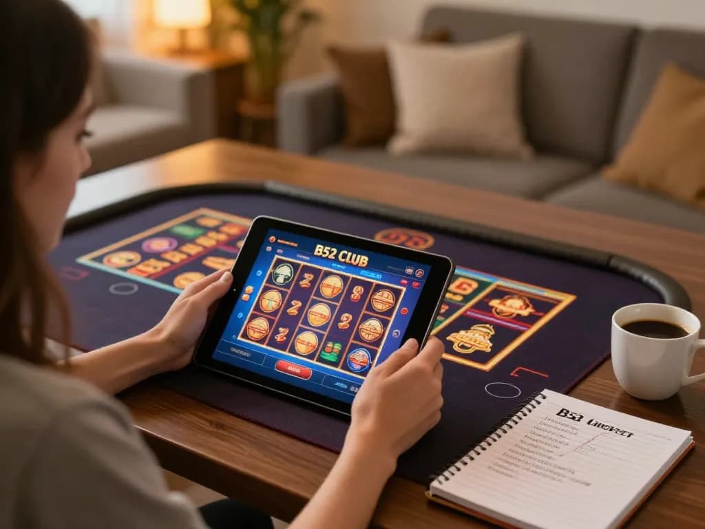 Play engaging B52 online casino games on a tablet in a cozy home environment
