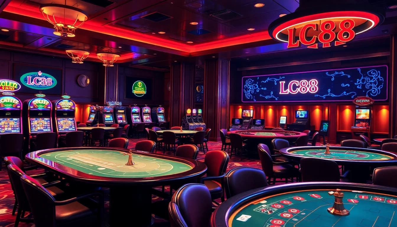 Experience the thrill of gaming at LC88 vin, with vibrant casino tables and professional players engaging in high-stakes action.