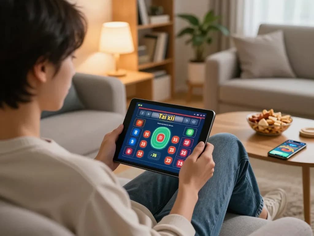 Tài xỉu online gambling on a tablet in a cozy home gaming setup, illustrating responsible entertainment