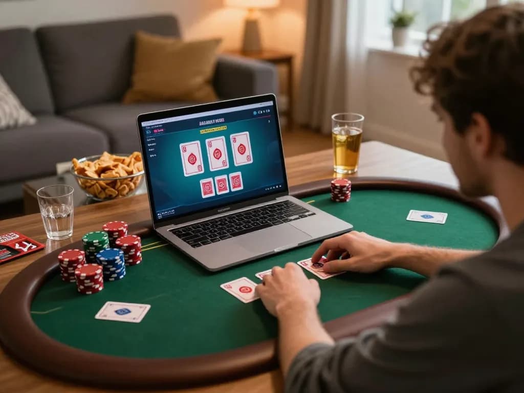 Player engaged in online poker session showcasing KK55 gaming strategy with cozy home setup