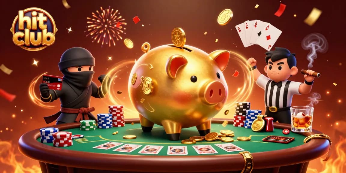 Hit club scene showcasing a golden piggy bank sumo wrestler and vibrant poker elements.