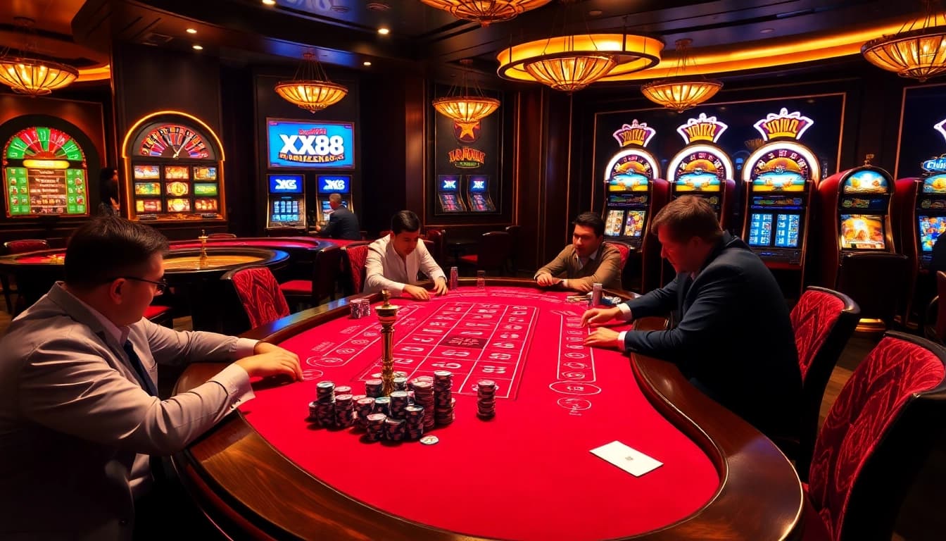 Experience the thrill of Baccarat at XX88, surrounded by vibrant casino décor and exciting gameplay.