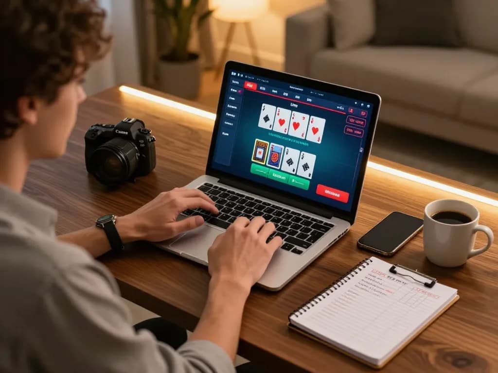 Engaged player strategizing in 23WIN online blackjack game using laptop and notes for better odds.