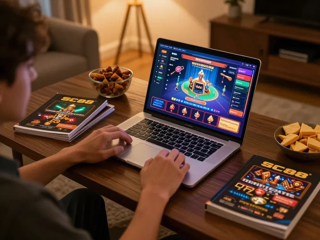Engaging in SC88 online casino gaming at home, showcasing dynamic gameplay and strategy integration.