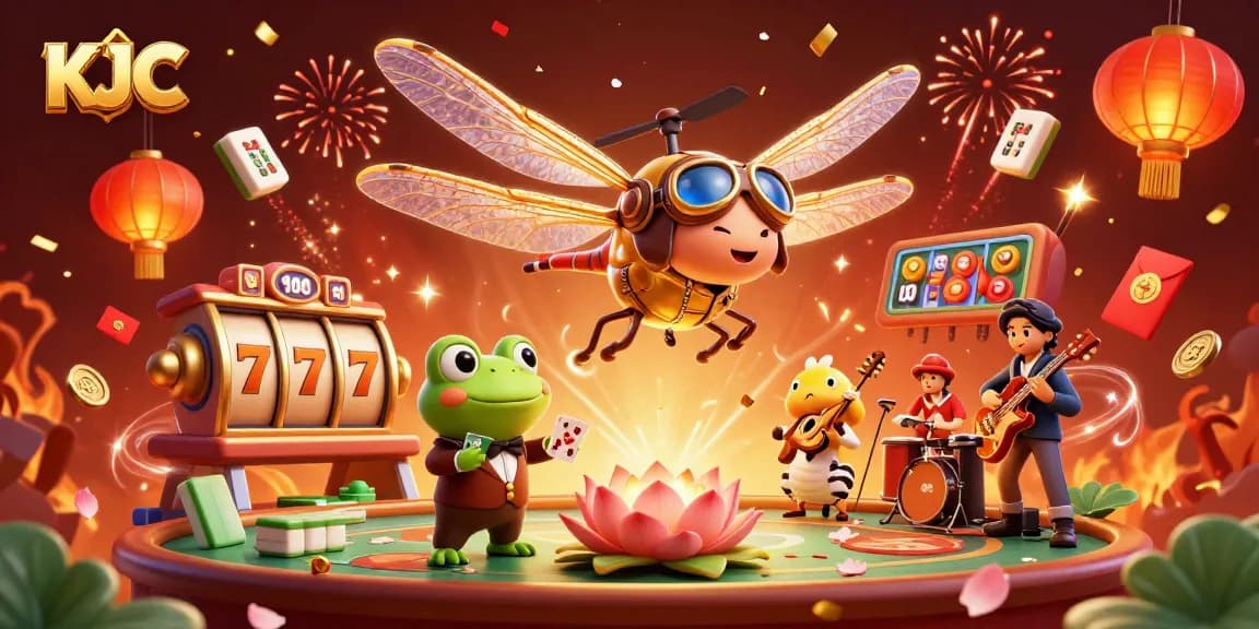 KJC welcomes playful dragonfly pilots, engaging frog croupiers while spinning slot reels.