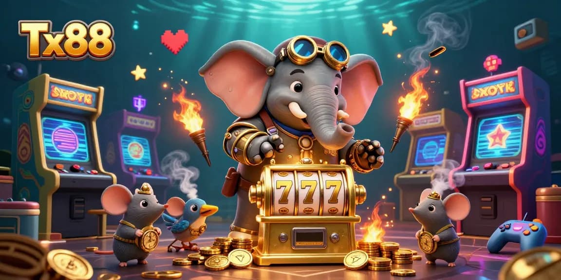Play exciting slots at Tx88 with a steampunk engineer and vibrant gaming elements in a thrilling scene.