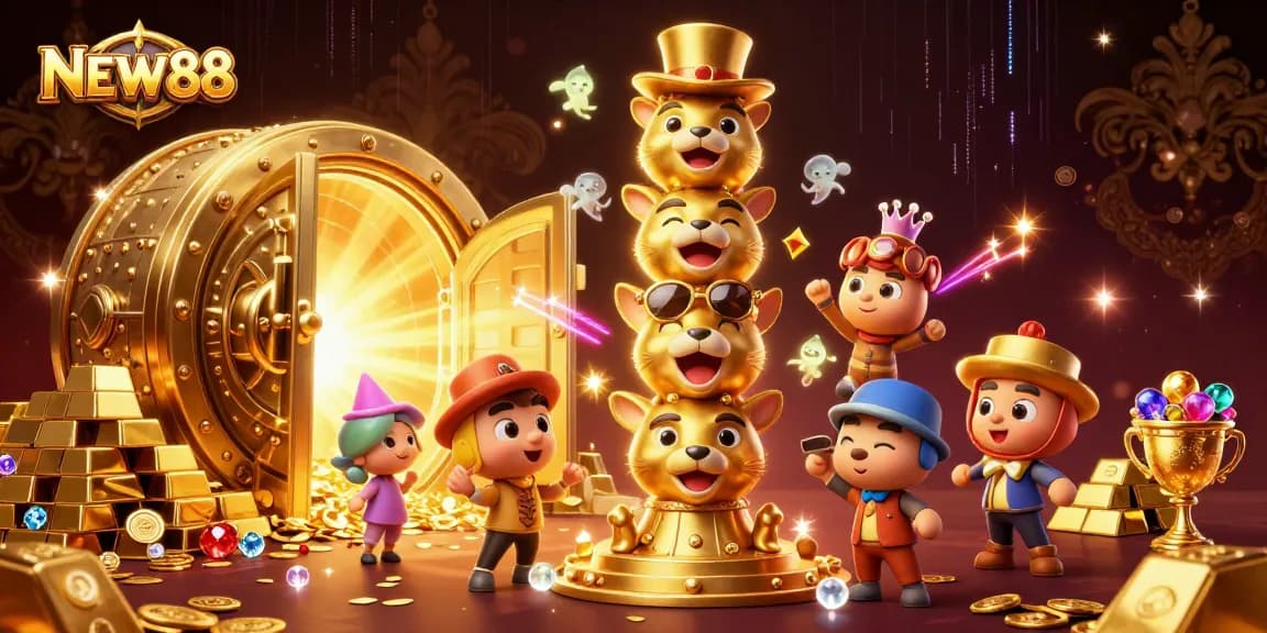 Experience vibrant gaming excitement with NEW88's dynamic 3D casino illustration showcasing rich treasures and thrilling action.