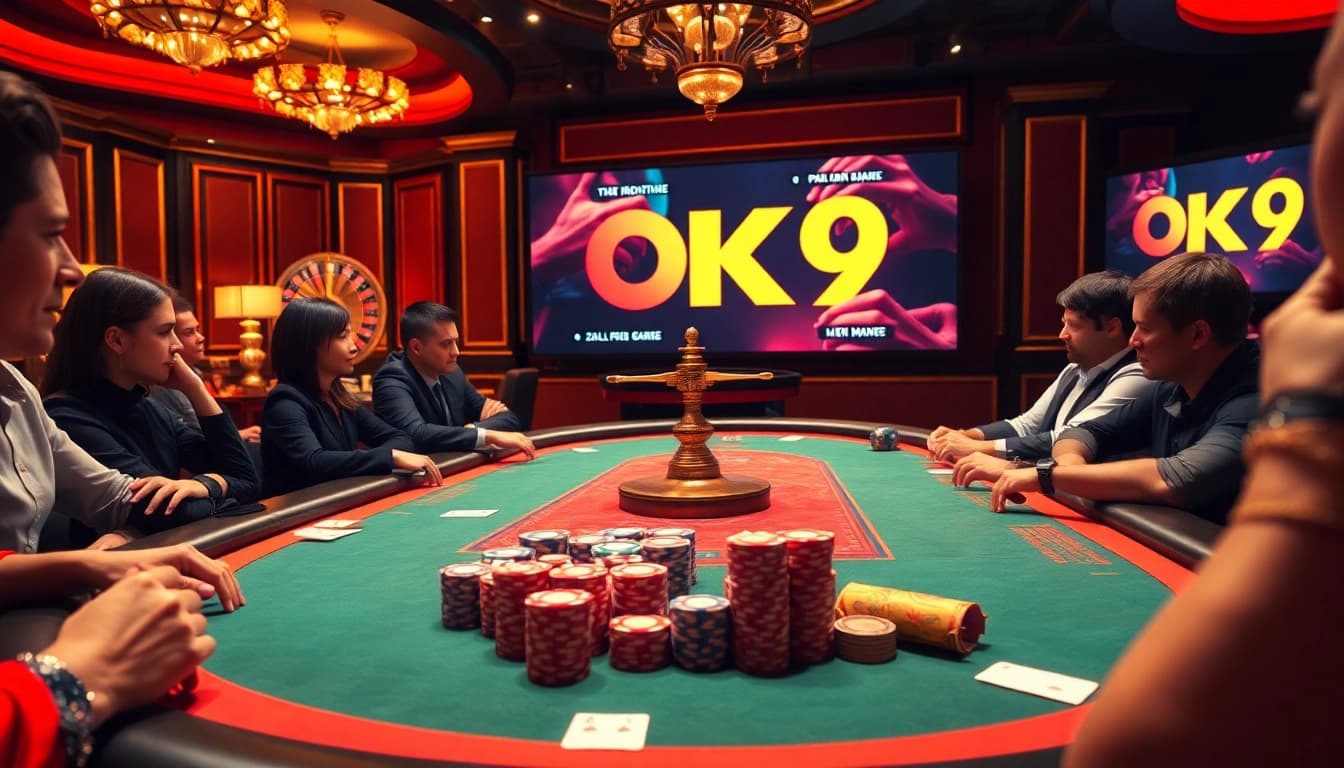 Players engaging at an OK9 poker table during an exciting casino night.