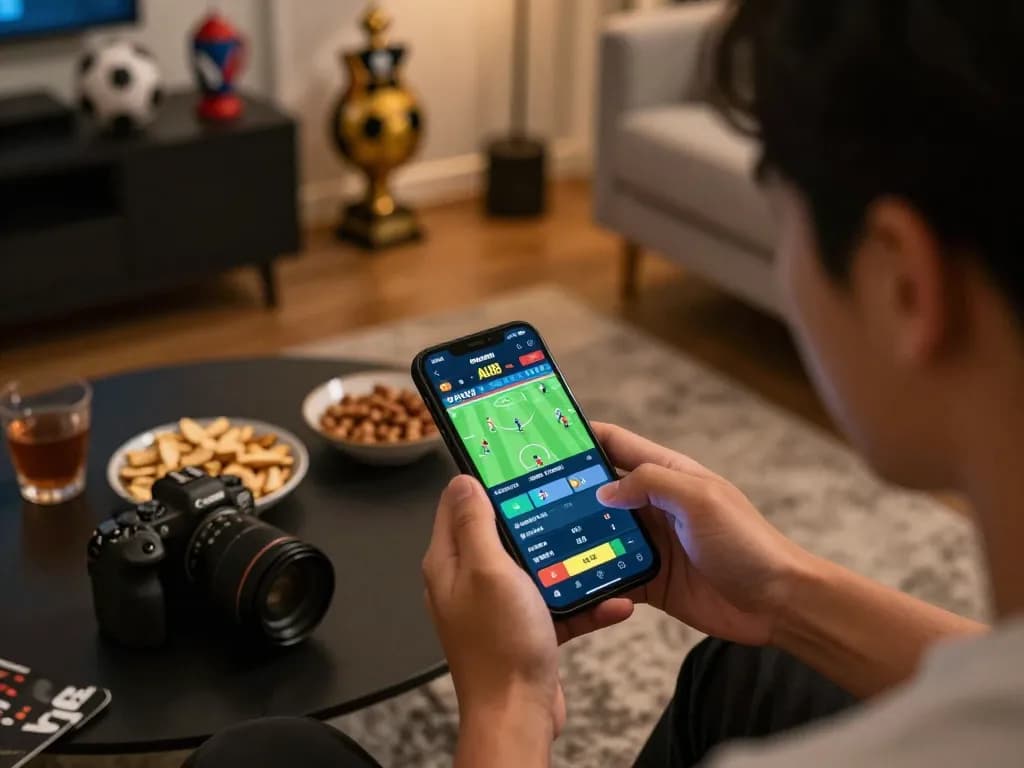 Engaging sports betting action on Au88 mobile app at home, showcasing competitive atmosphere with snacks.
