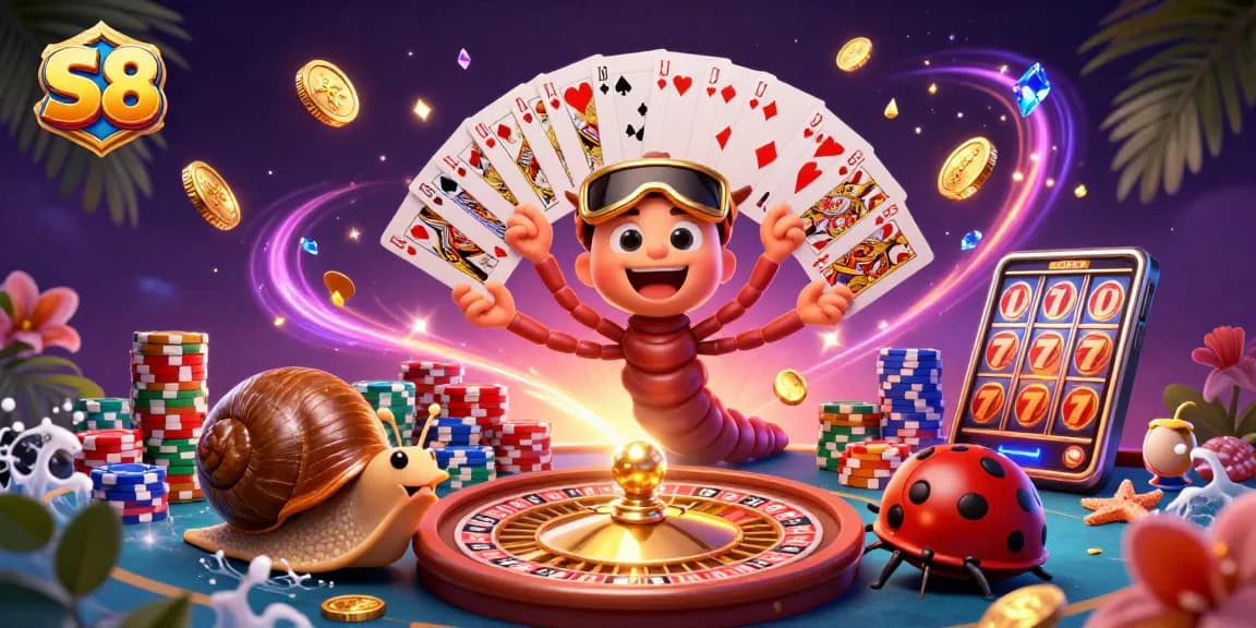 S8 showcases an exhilarating casino scene featuring a millipede dealer, snail high-roller, and pill bug, surrounded by sparkling treasures.