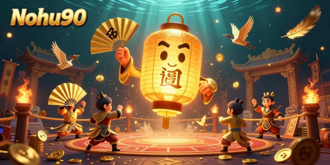 Nohu90 showcases vibrant casino excitement with a glowing golden lantern spirit amidst dynamic gaming elements.