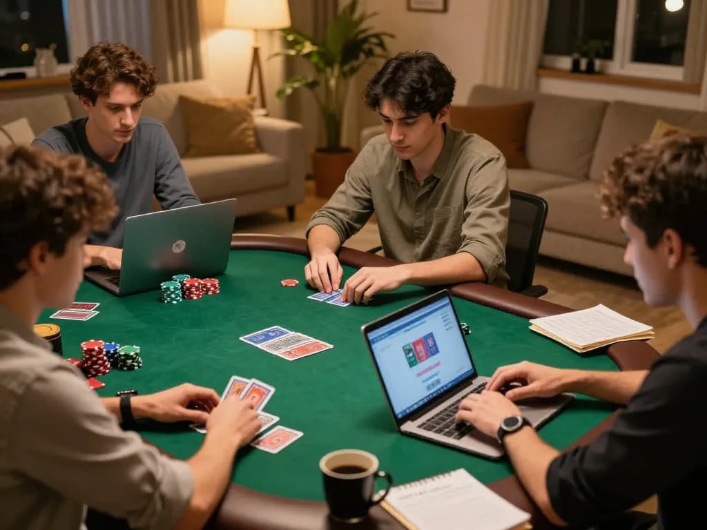 Players strategizing their moves in an online poker game at NK88, reflecting a friendly gaming atmosphere.