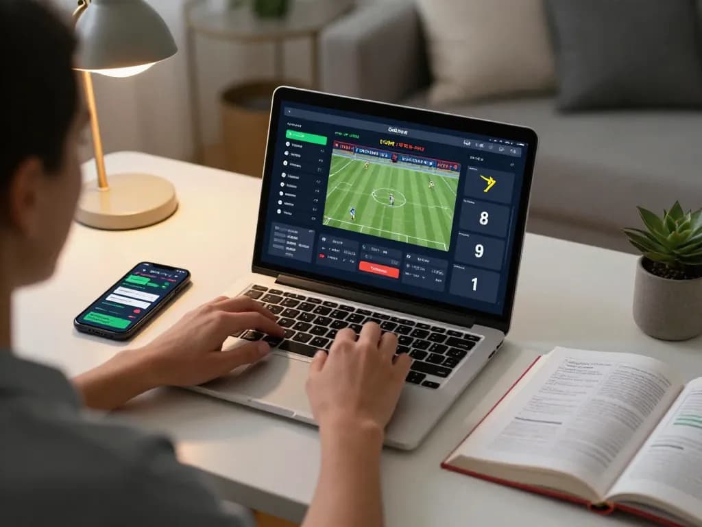 Engaging online sports betting scene showcasing an active user on https://da88at.com/ with live odds on their laptop.