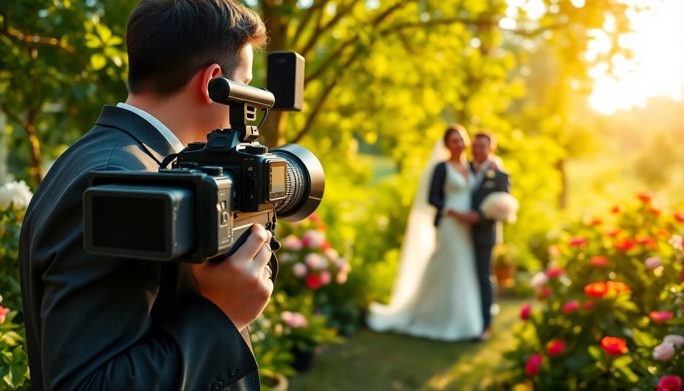 Vediography expert capturing heartfelt wedding moments in a beautiful outdoor venue.