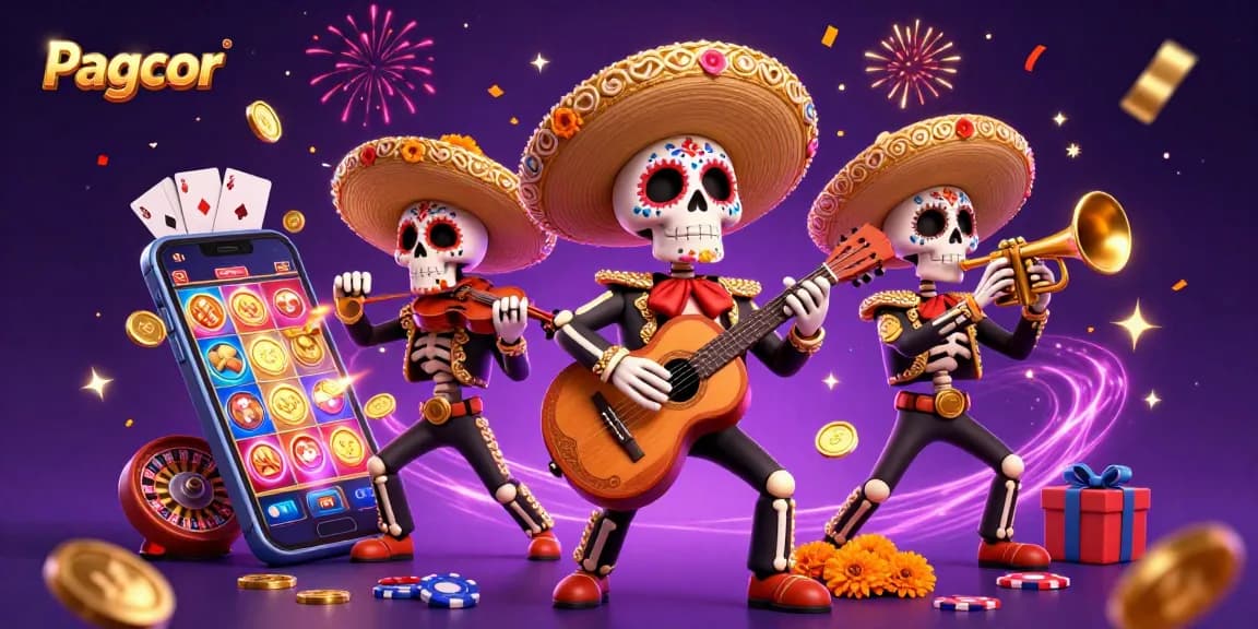 Engage with Pagcor’s online gaming scene featuring colorful skeleton mariachi, slot games, and casino excitement.