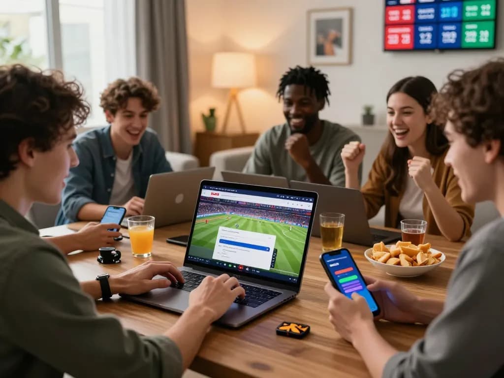 Friends engaging with the Login Topbet page while enjoying a sports game in a lively atmosphere.