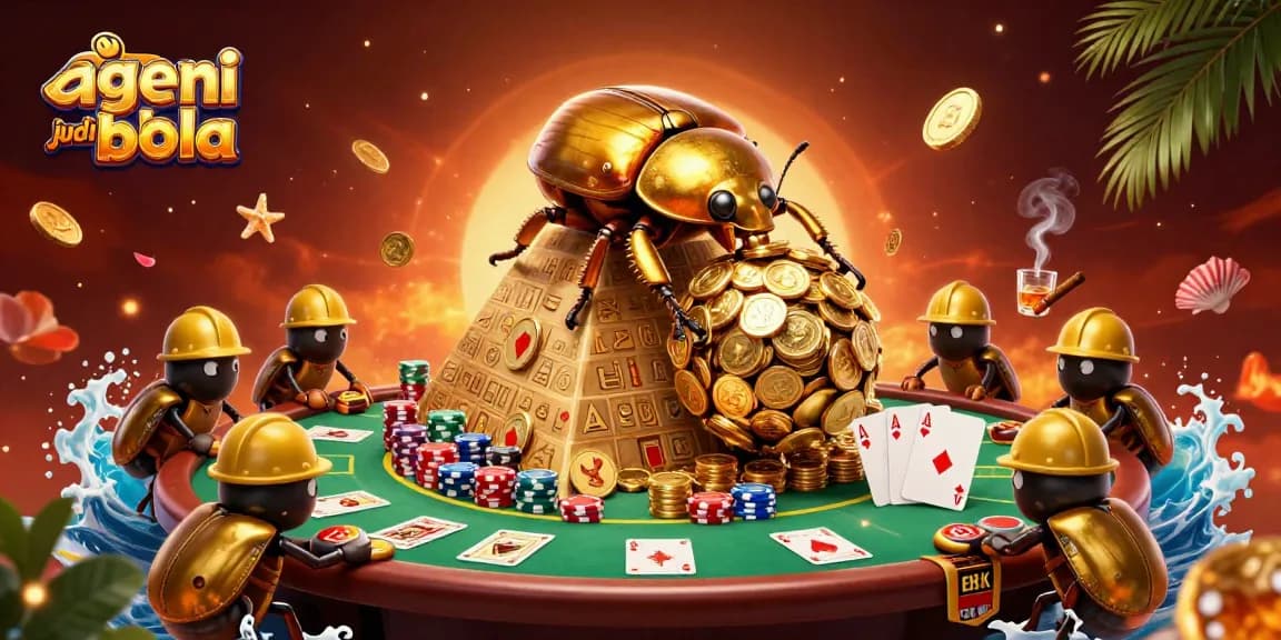 Bettors strategizing at agen judi bola with gold coin elements amidst vibrant casino symbols.