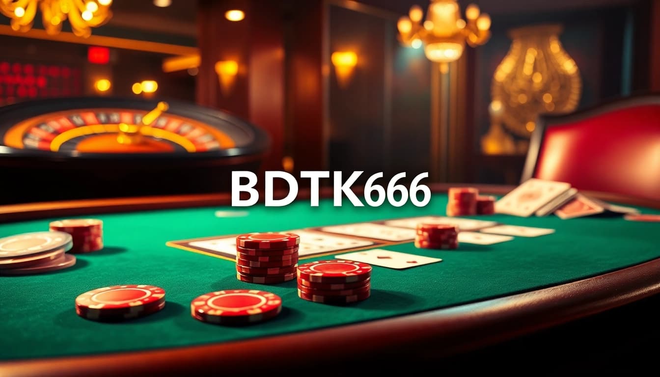 Playing cards and poker chips on a luxurious casino table featuring BDTK66 branding, conveying excitement.