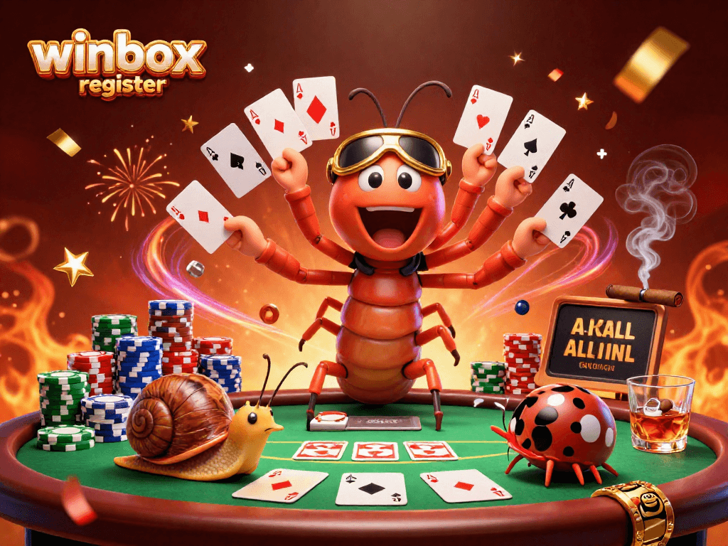 Winbox register showcases an engaging casino scene with a cartoon dealer, colorful poker elements, and vibrant energy.