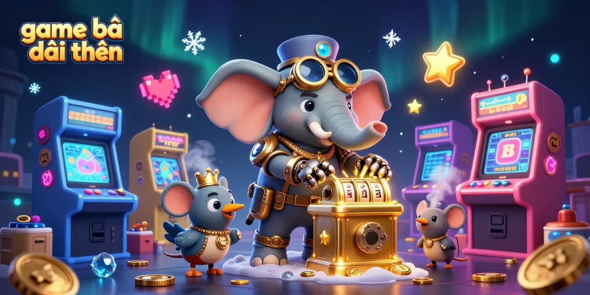 Try your luck at game bài đổi thưởng with a steampunk elephant operating a slot machine in a vibrant casino scene.