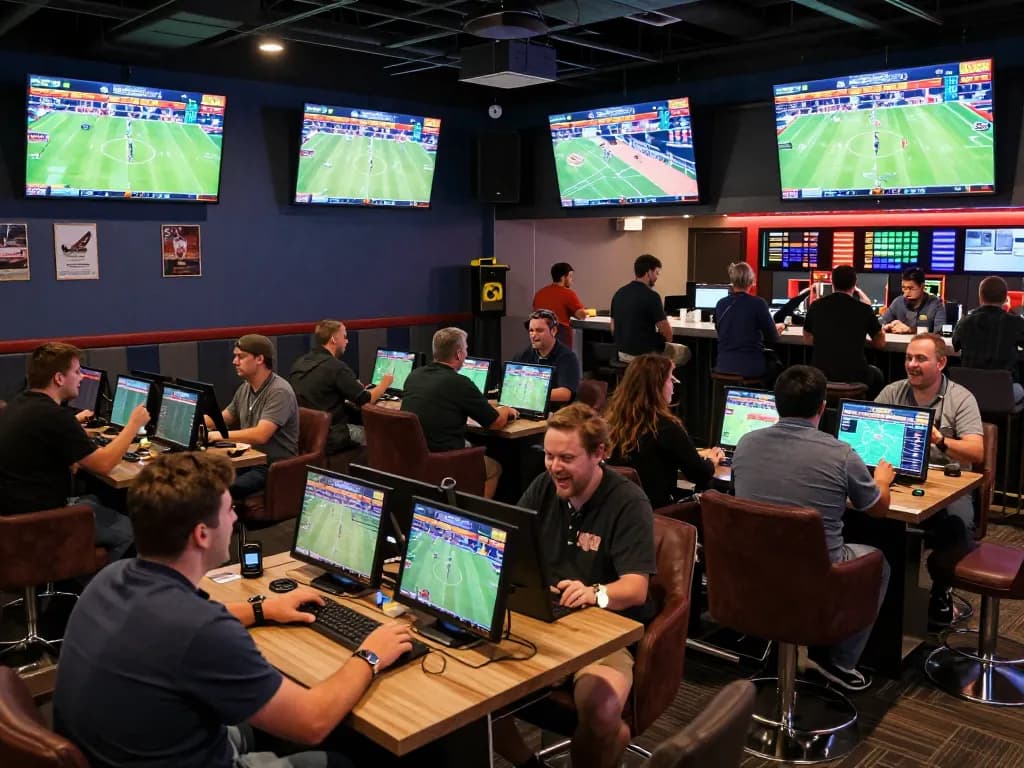 KJC sports betting lounge bustling with excited bettors analyzing odds and placing bets