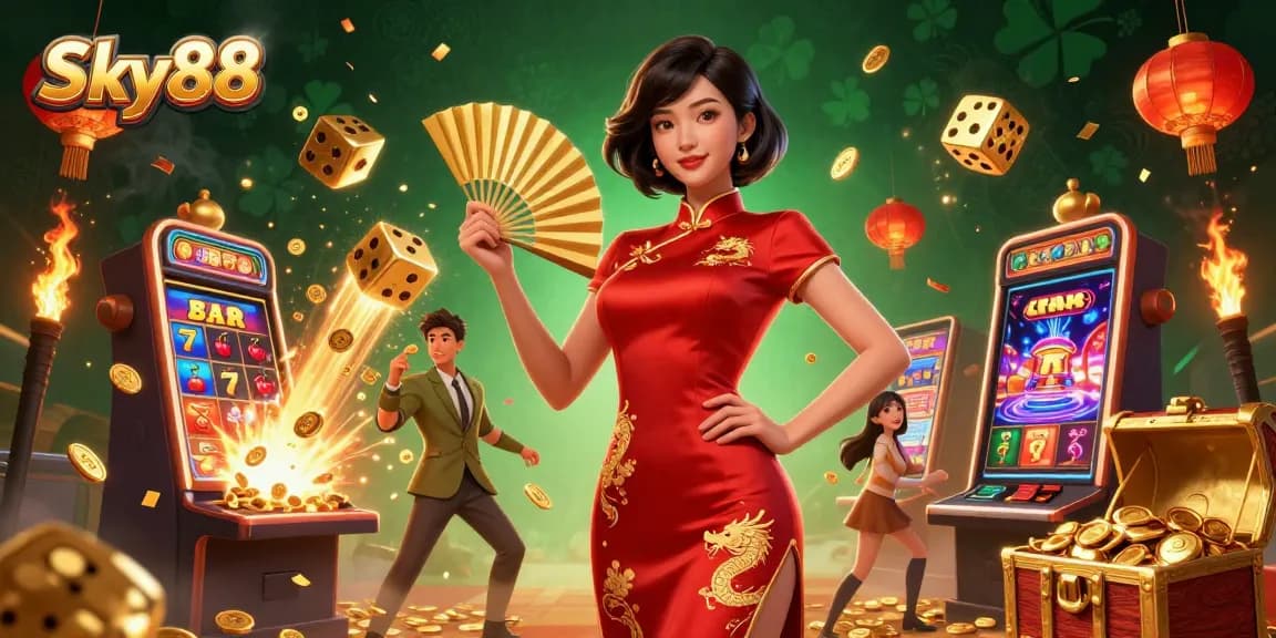 Engage with Sky88’s vibrant casino scene featuring a beautiful Asian woman amidst gold coins and slot machine excitement.