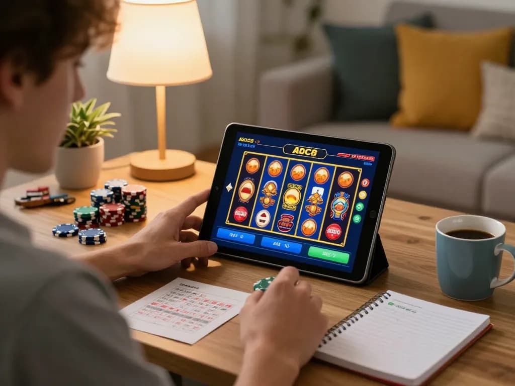 Player engaging with the abc8 app on a tablet in a cozy setting, showcasing responsible online gaming.