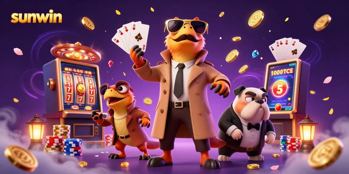 Experience sunwin thrills in this vibrant casino scene with playful raptors and lavish game elements.